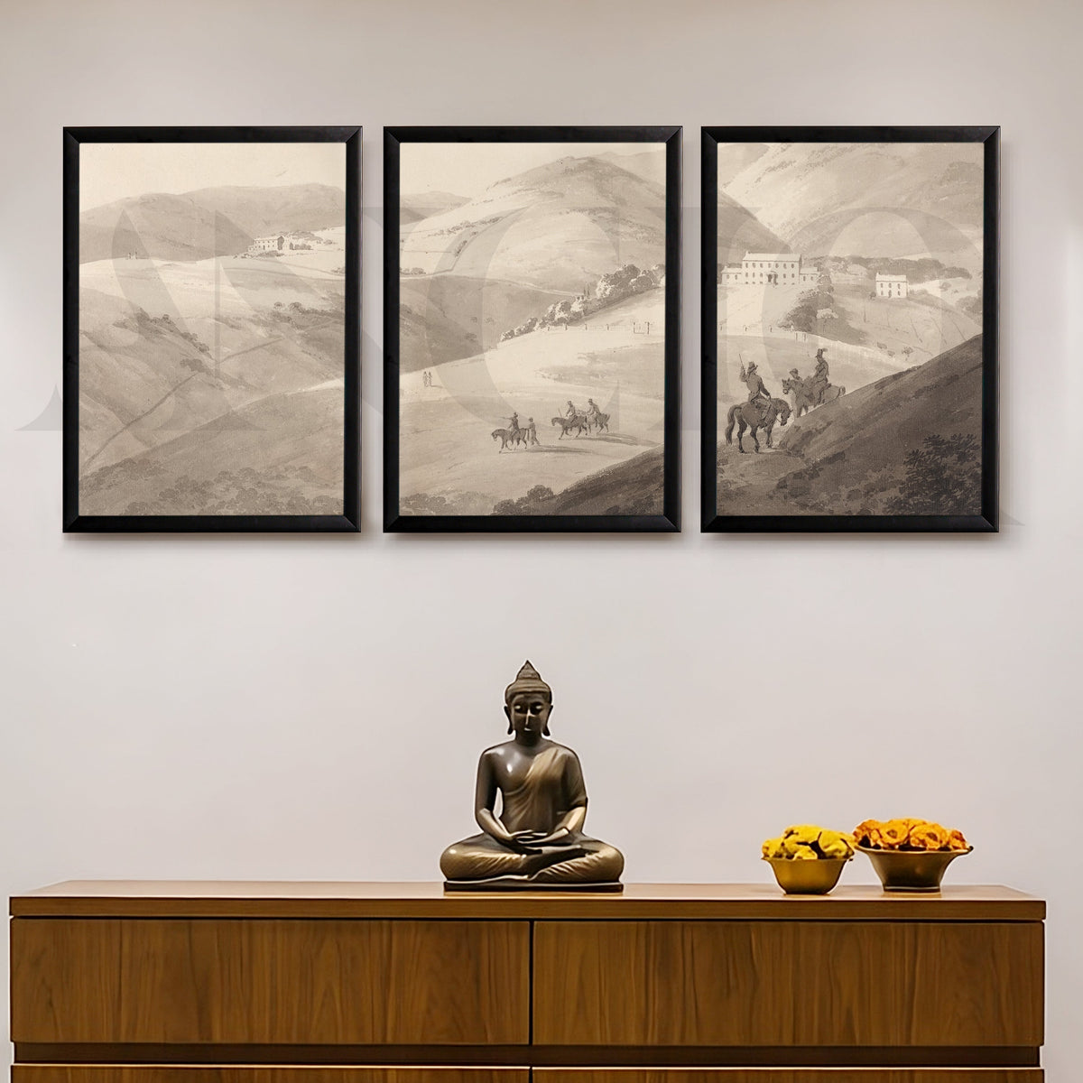 Timeless Countryside Sketch Gallery Wall – Set of 3 Monochrome Landscape Artworks - 18 x 24 Inches – Asha Art Studio – Image…