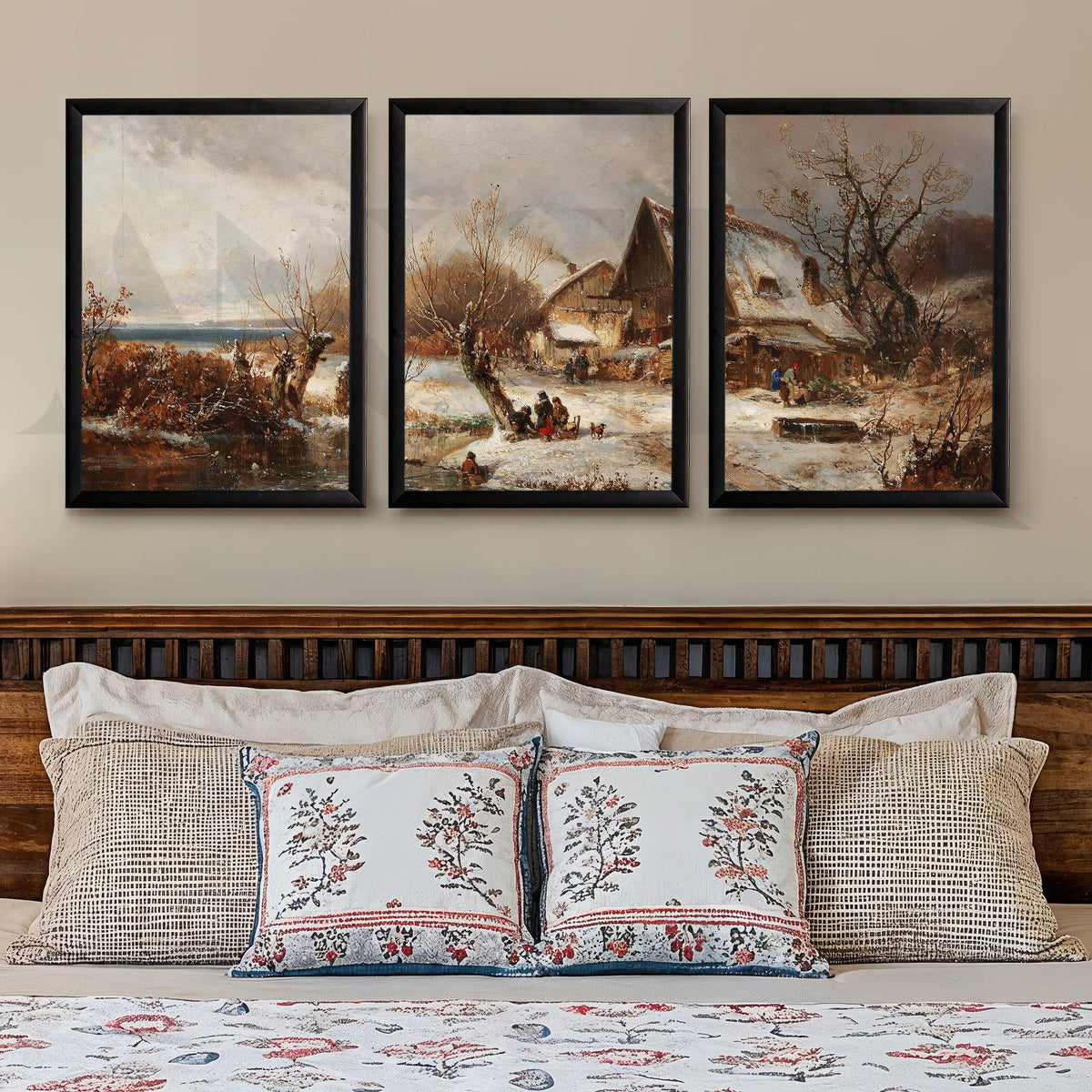Winter Village Countryside Gallery Wall – Set of 3 Vintage Landscape Artworks - 18 x 24 Inches – Asha Art Studio – Image 7