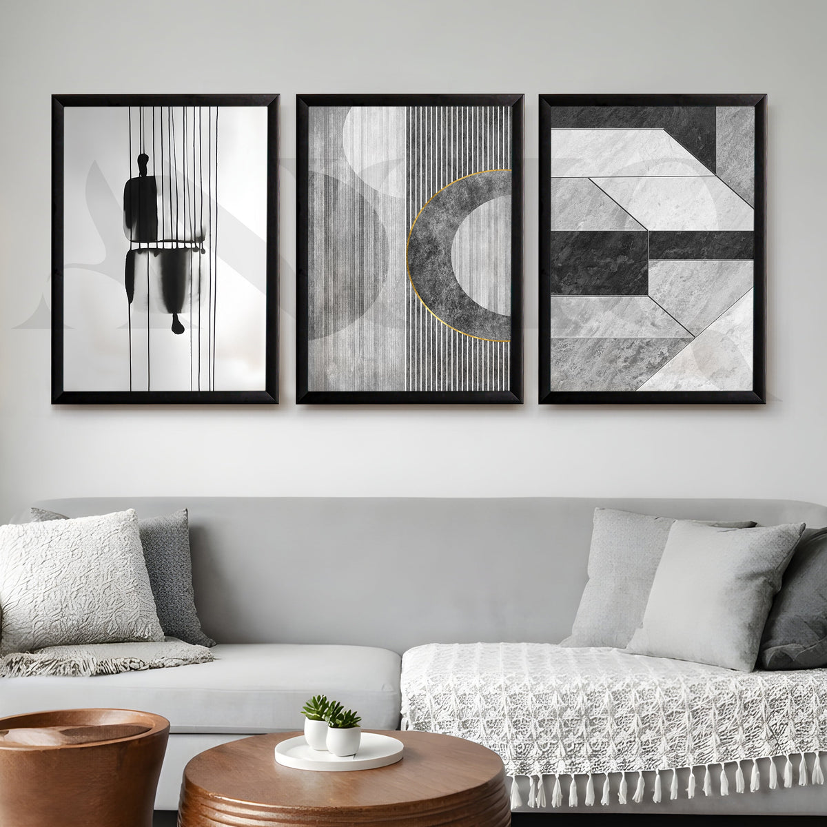 Monochrome Modern Geometry Gallery Wall – Set of 3 Minimal Abstract Artworks - 18 x 24 Inches – Asha Art Studio – Image 7