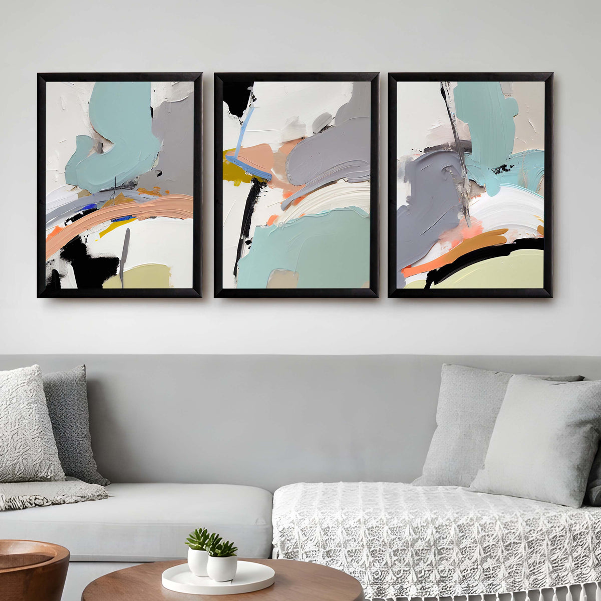 Soft Teal Abstract Gallery Wall Canvas Artwork Set of 3 - 18 x 24 Inches – Asha Art Studio – Image 3