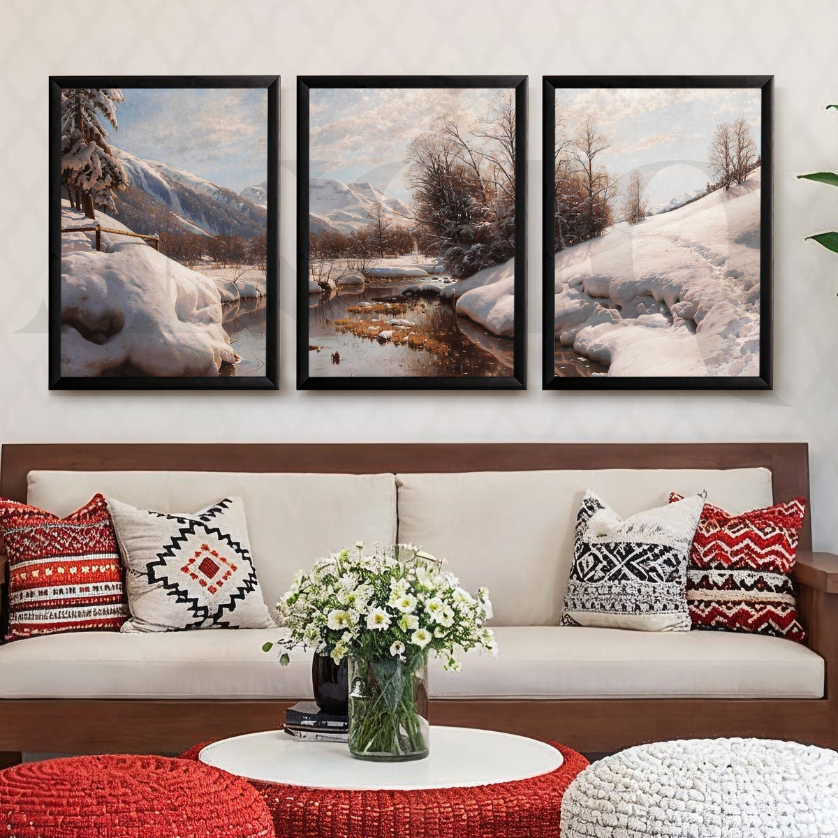 Snowy Alpine River Landscape Gallery Wall – Set of 3 Winter Nature Artworks - 18 x 24 Inches – Asha Art Studio – Image 7