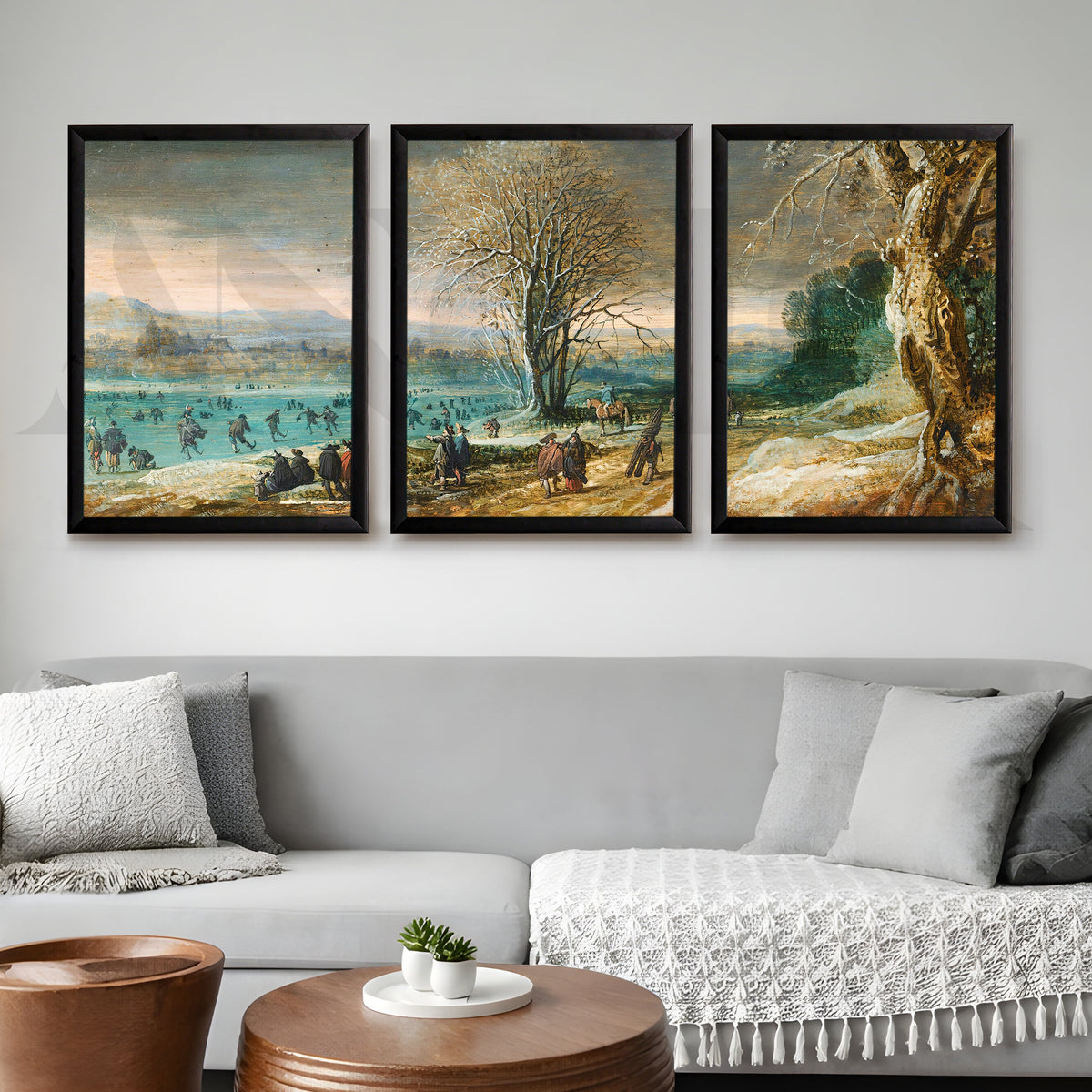 Winter Lakeside Life Gallery Wall – Set of 3 Classical European Landscape Artworks - 18 x 24 Inches – Asha Art Studio – Image…