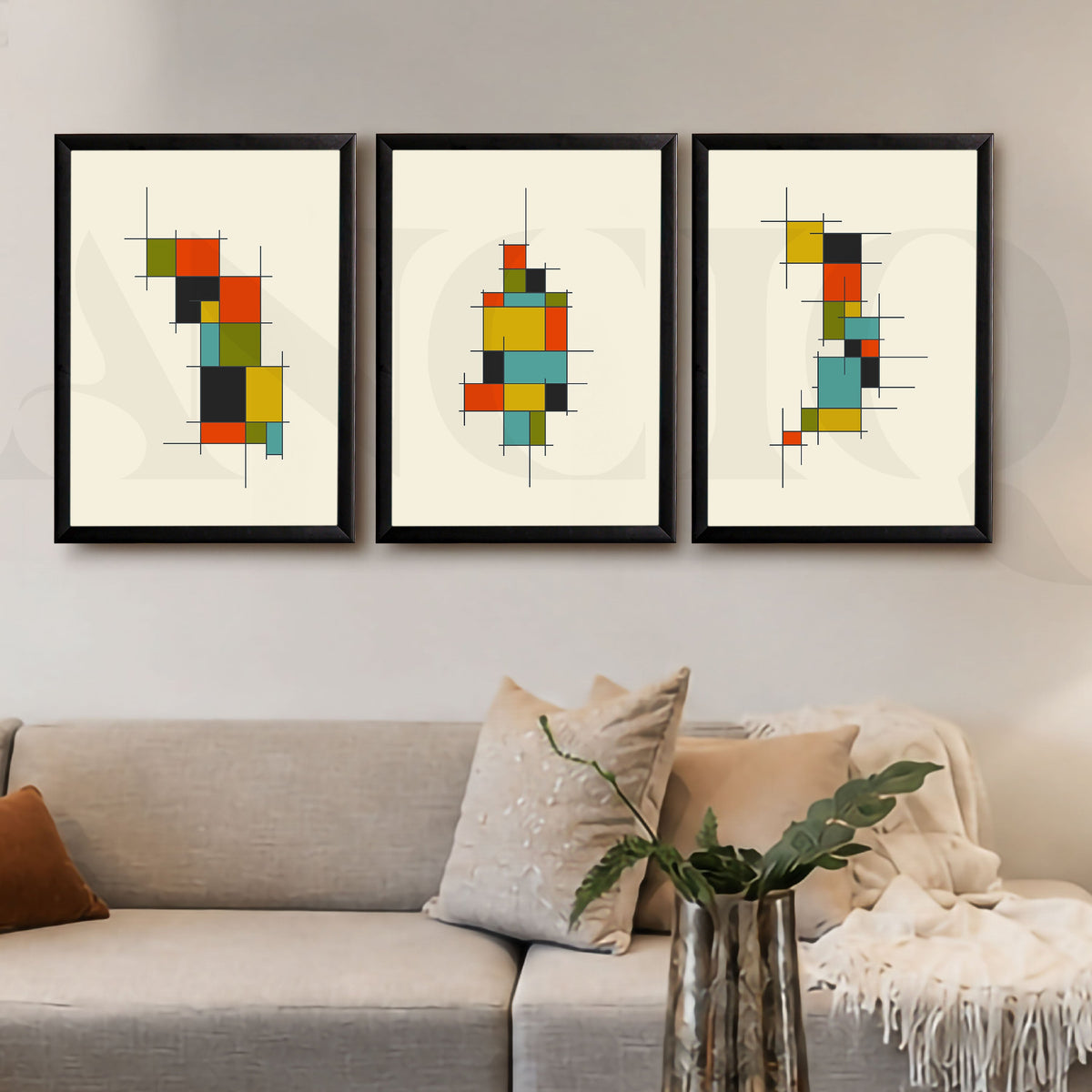 Modular Grid Abstract Gallery Wall Artwork Set of 3 – Asha Art Studio – Image 3