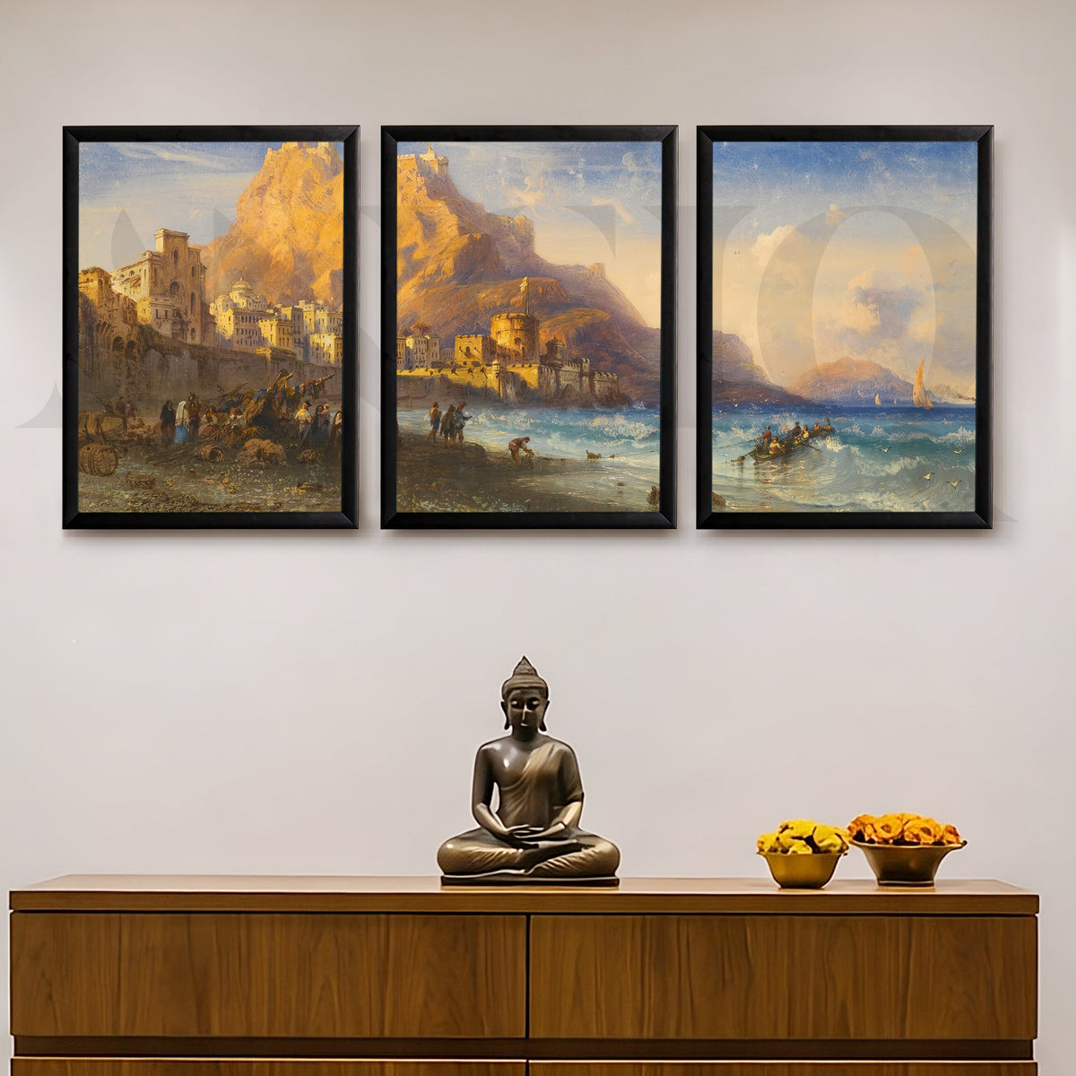 Coastal Mountain Harbour Gallery Wall – Set of 3 Mediterranean Landscape Artworks - 18 x 24 Inches – Asha Art Studio – Image…
