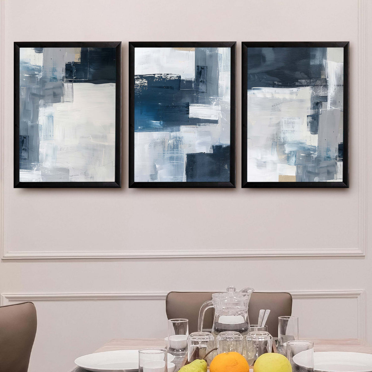 Blue Grey Abstract Gallery Wall Canvas Artwork Set of 3 - 18 x 24 Inches – Asha Art Studio – Image 3