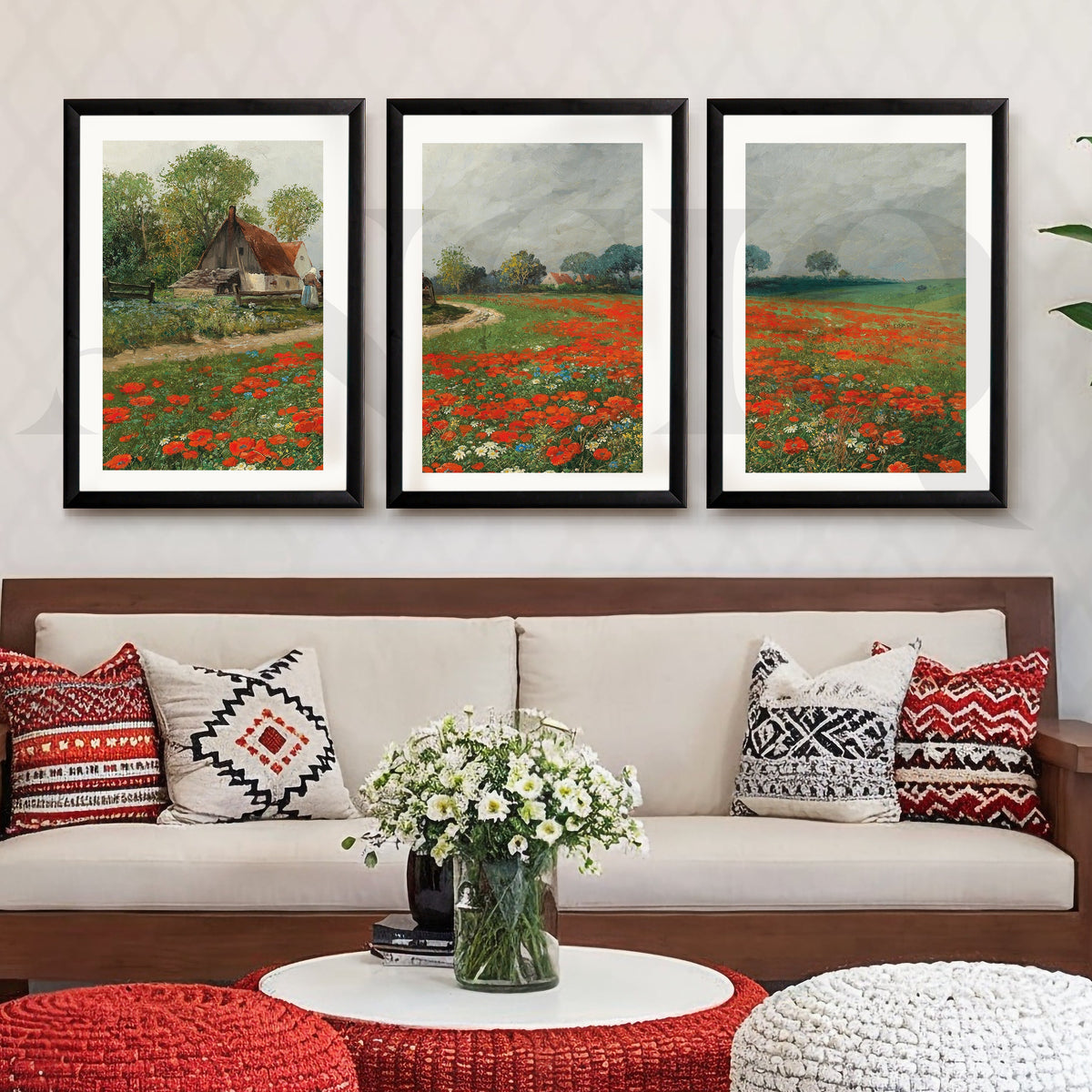 Rustic Poppy Field Landscape Gallery Wall – Set of 3 Impressionist Artworks - 18 x 24 Inches – Asha Art Studio – Image 3