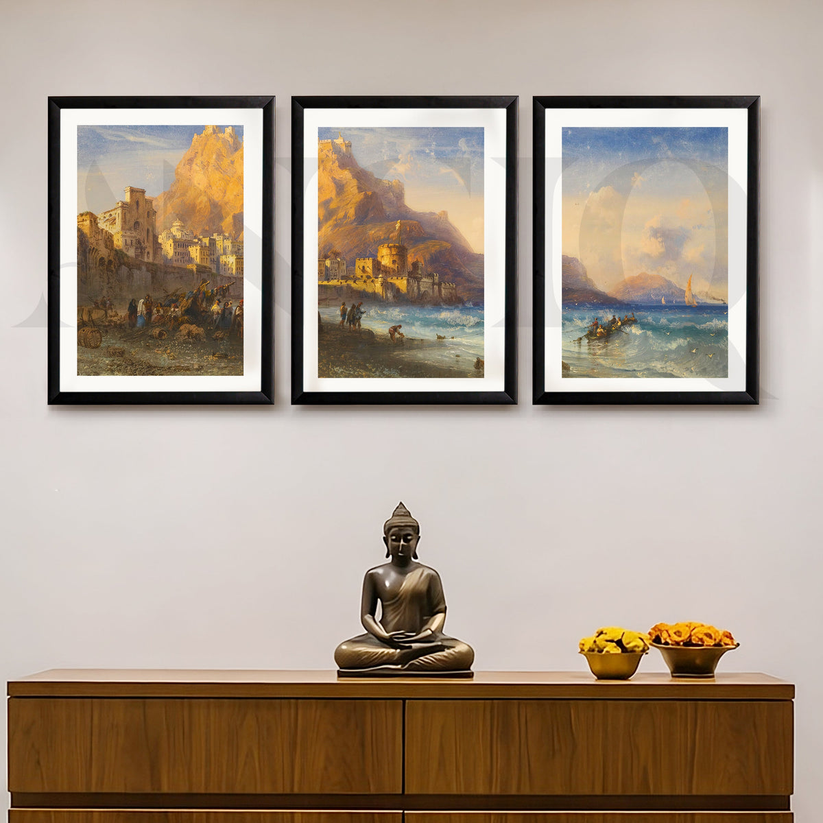 Coastal Mountain Harbour Gallery Wall – Set of 3 Mediterranean Landscape Artworks - 18 x 24 Inches – Asha Art Studio – Image…