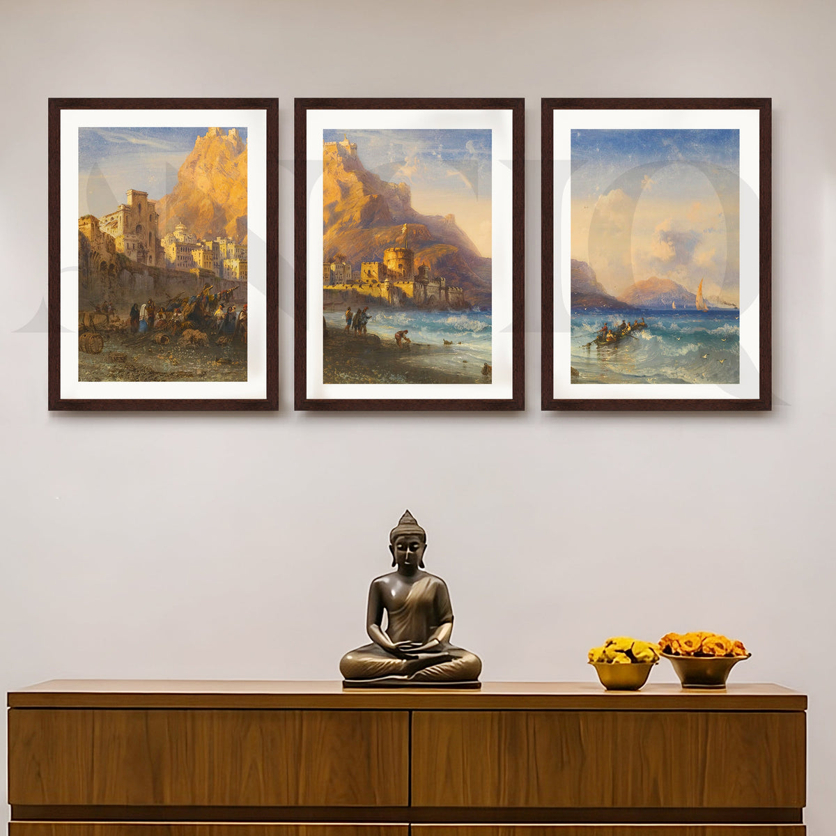 Coastal Mountain Harbour Gallery Wall – Set of 3 Mediterranean Landscape Artworks - 18 x 24 Inches – Asha Art Studio – Image…