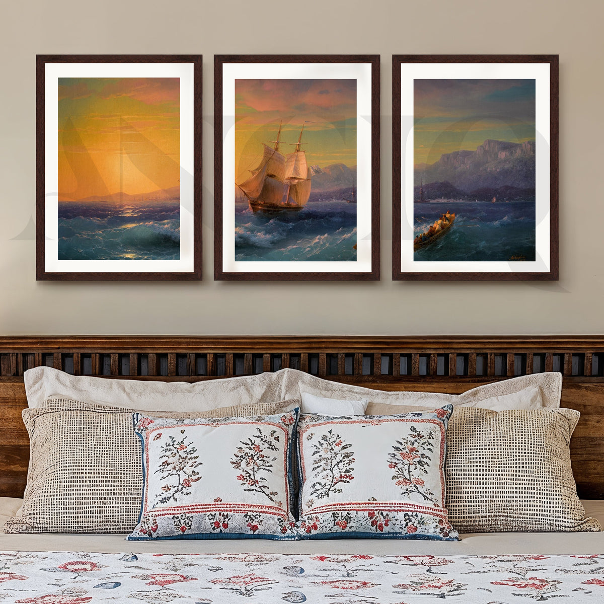 Golden Horizon Sailing Gallery Wall – Set of 3 Vintage Seascape Artworks - 18 x 24 Inches – Asha Art Studio – Image 6