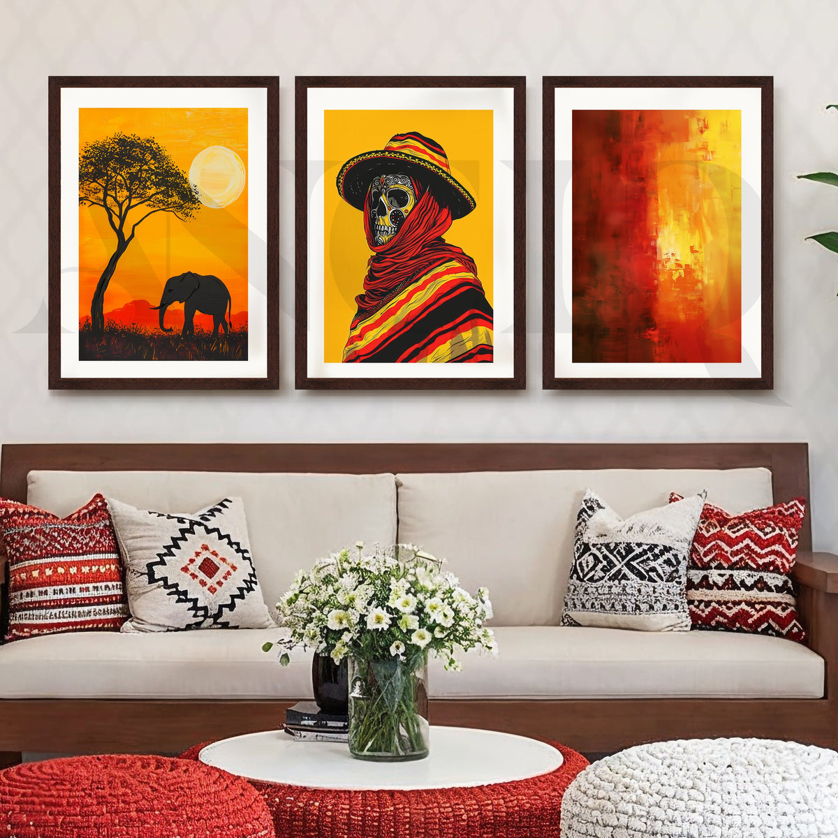 Golden Horizon Tribal Fusion Gallery Wall – Set of 3 Contemporary Artworks - 18 x 24 Inches – Asha Art Studio – Image 6