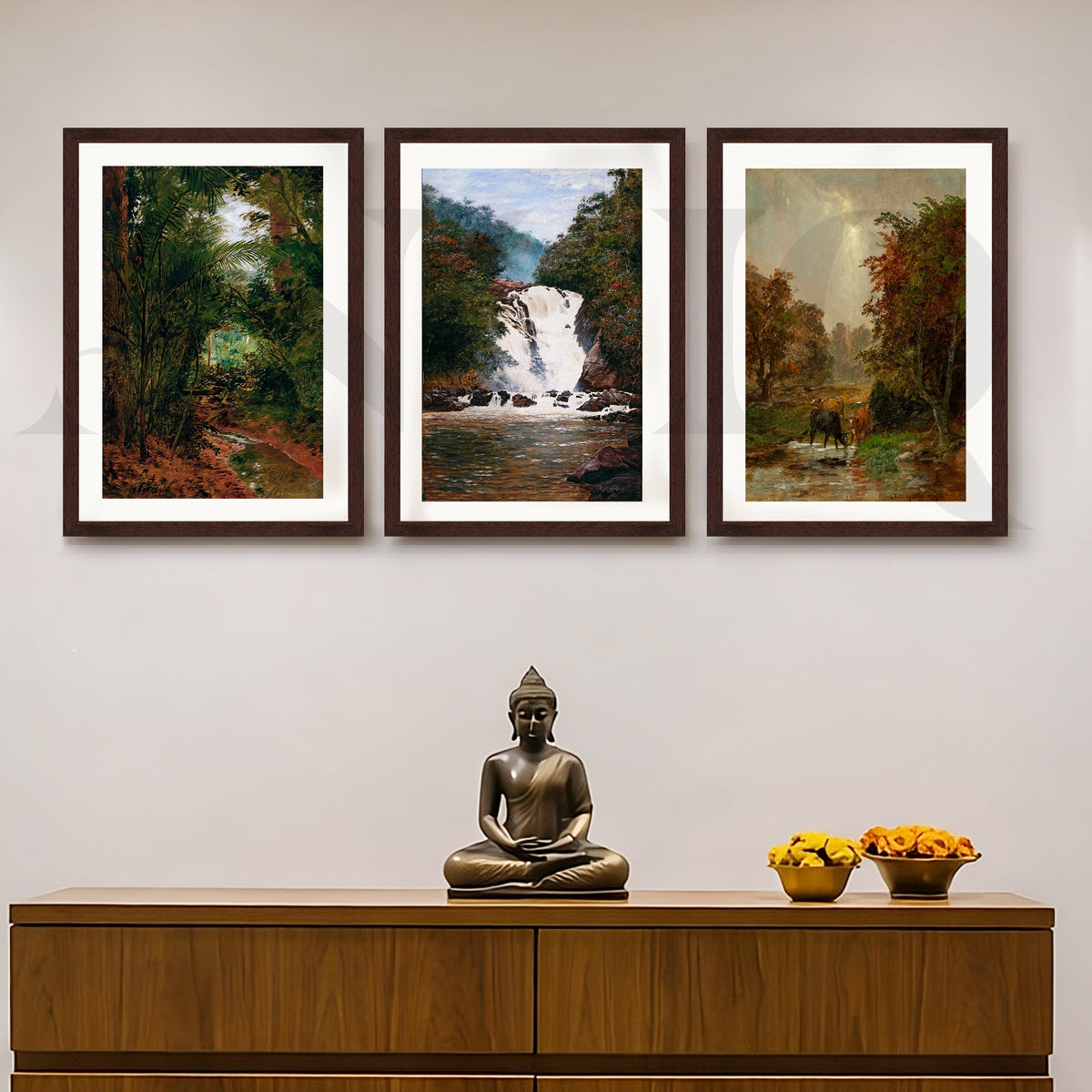Serene Forest Waterfall Gallery Wall – Set of 3 Nature Landscape Artworks - 18 x 24 Inches – Asha Art Studio – Image 6