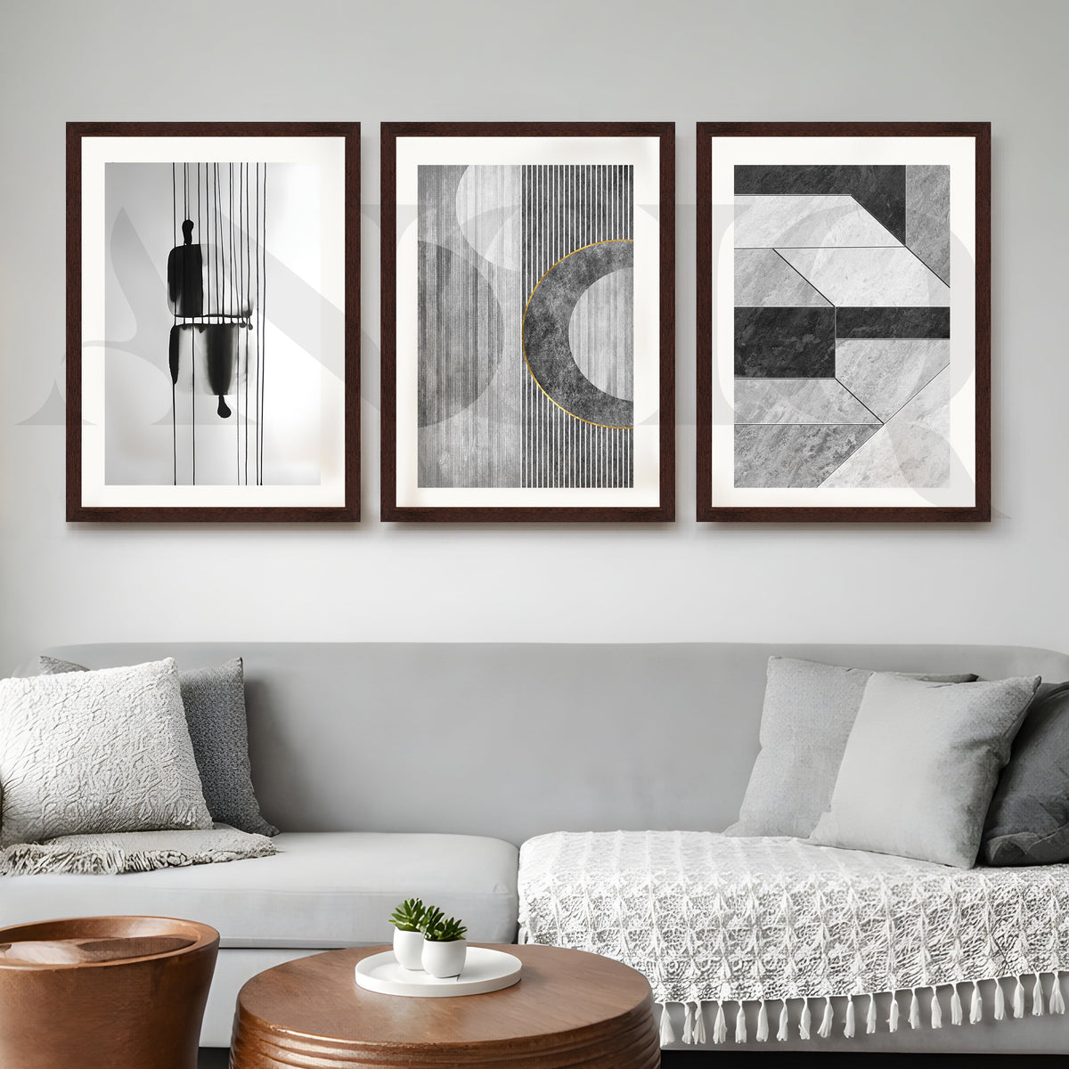 Monochrome Modern Geometry Gallery Wall – Set of 3 Minimal Abstract Artworks - 18 x 24 Inches – Asha Art Studio – Image 6