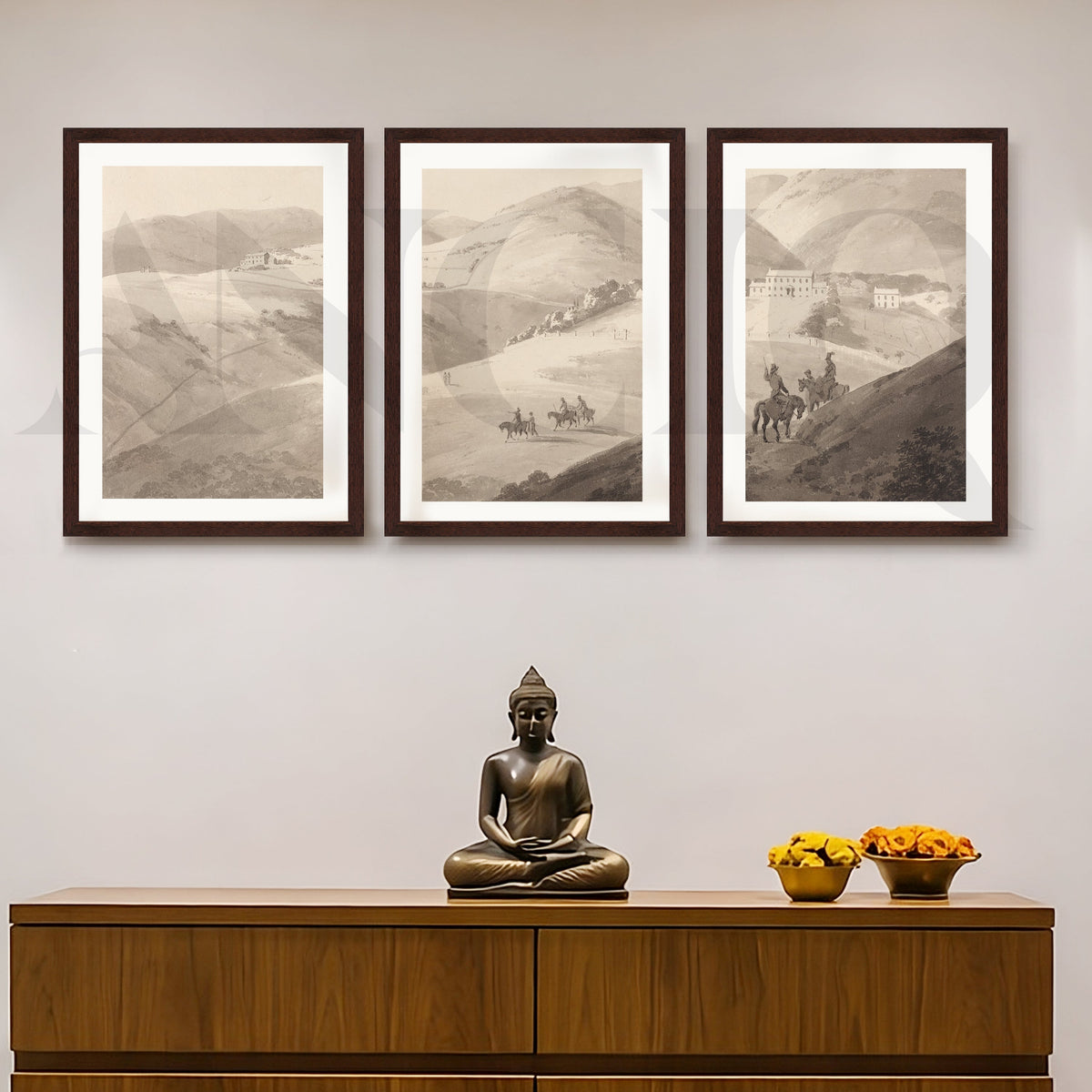 Timeless Countryside Sketch Gallery Wall – Set of 3 Monochrome Landscape Artworks - 18 x 24 Inches – Asha Art Studio – Image…