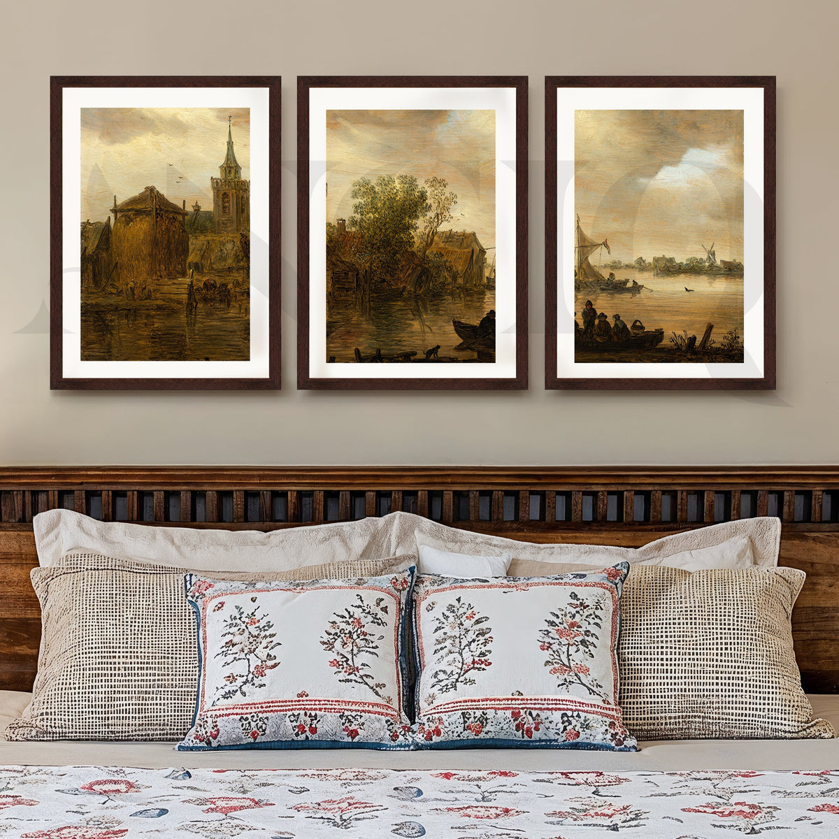 Vintage Riverside Village Gallery Wall – Set of 3 Classic Landscape Artworks - 18 x 24 Inches – Asha Art Studio – Image 6