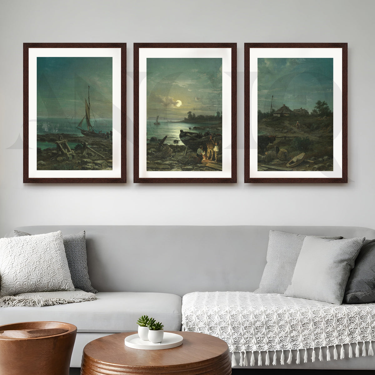 Moonlit Coastal Harbor Gallery Wall – Set of 3 Vintage Maritime Artworks - 18 x 24 Inches – Asha Art Studio – Image 6