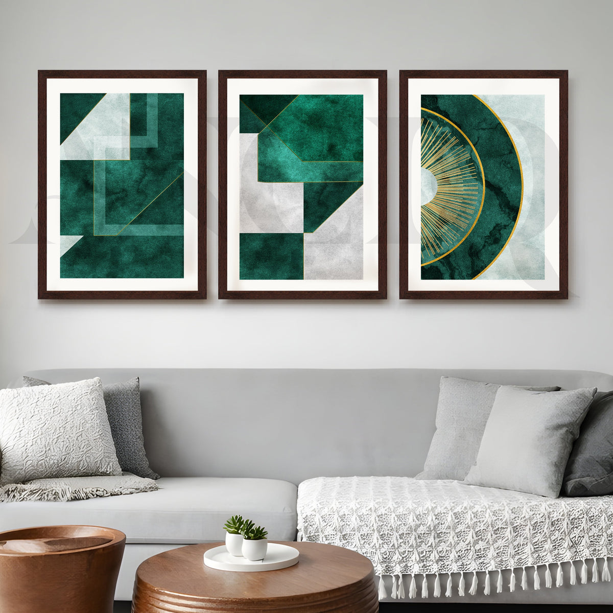 Emerald Luxe Geometry Gallery Wall – Set of 3 Modern Abstract Artworks - 18 x 24 Inches – Asha Art Studio – Image 6