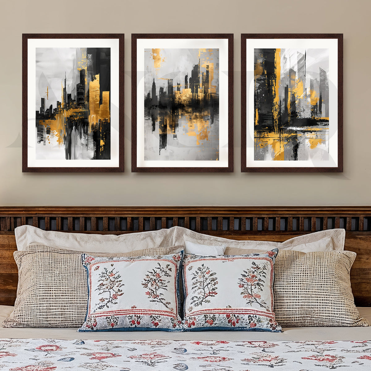 Golden Urban Skyline Gallery Wall – Set of 3 Modern Cityscape Artworks - 18 x 24 Inches – Asha Art Studio – Image 6