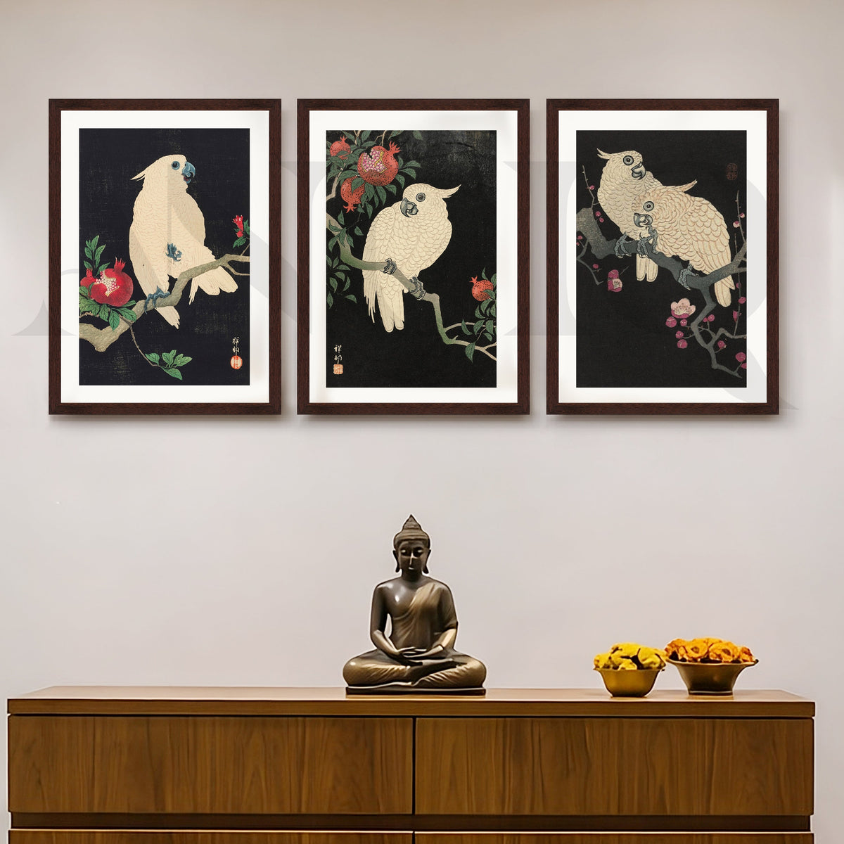 Elegant Cockatoo Botanical Gallery Wall – Set of 3 Oriental Artworks - 18 x 24 Inches – Asha Art Studio – Image 6