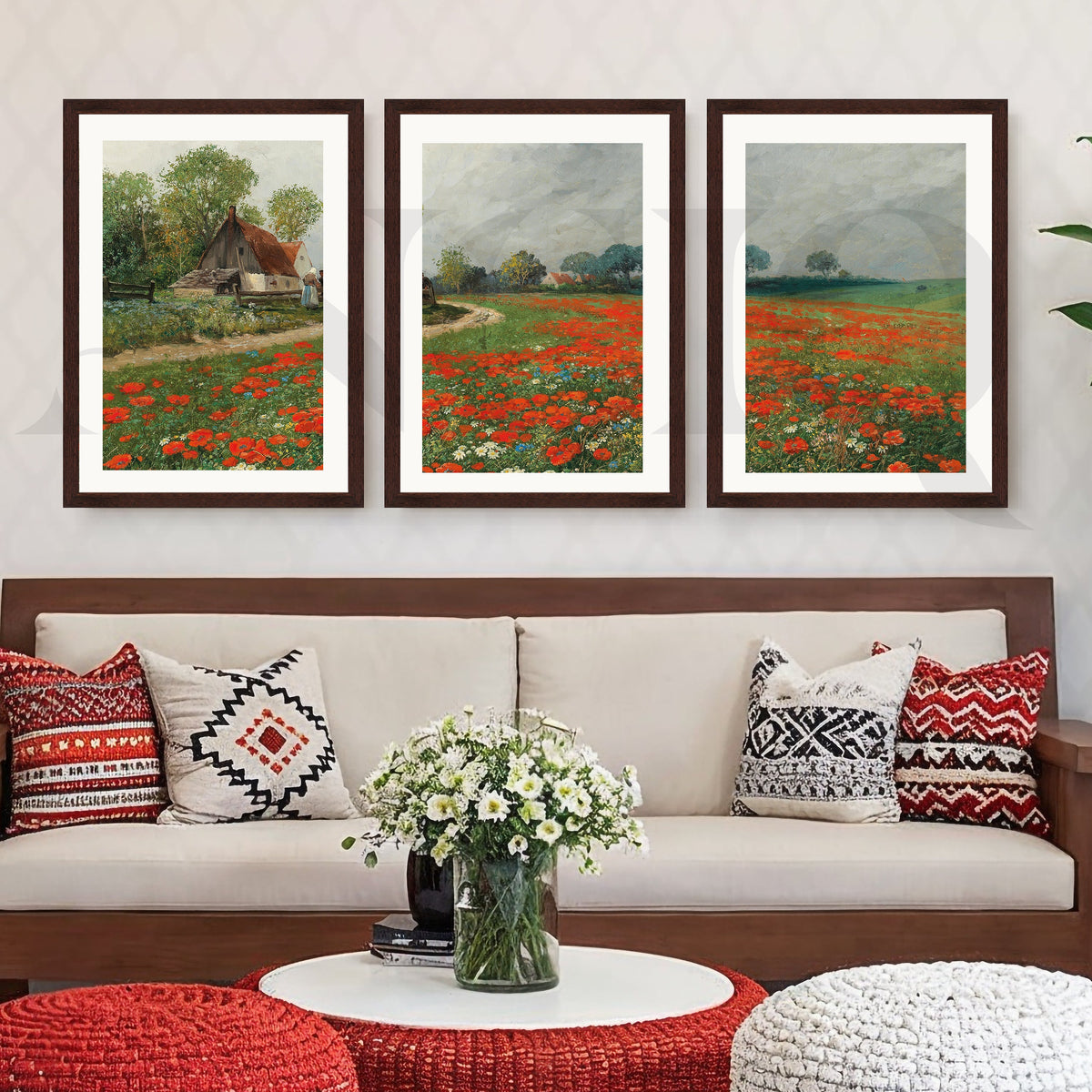 Rustic Poppy Field Landscape Gallery Wall – Set of 3 Impressionist Artworks - 18 x 24 Inches – Asha Art Studio – Image 6