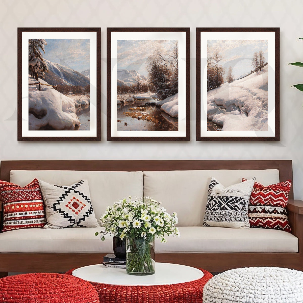 Snowy Alpine River Landscape Gallery Wall – Set of 3 Winter Nature Artworks - 18 x 24 Inches – Asha Art Studio – Image 6