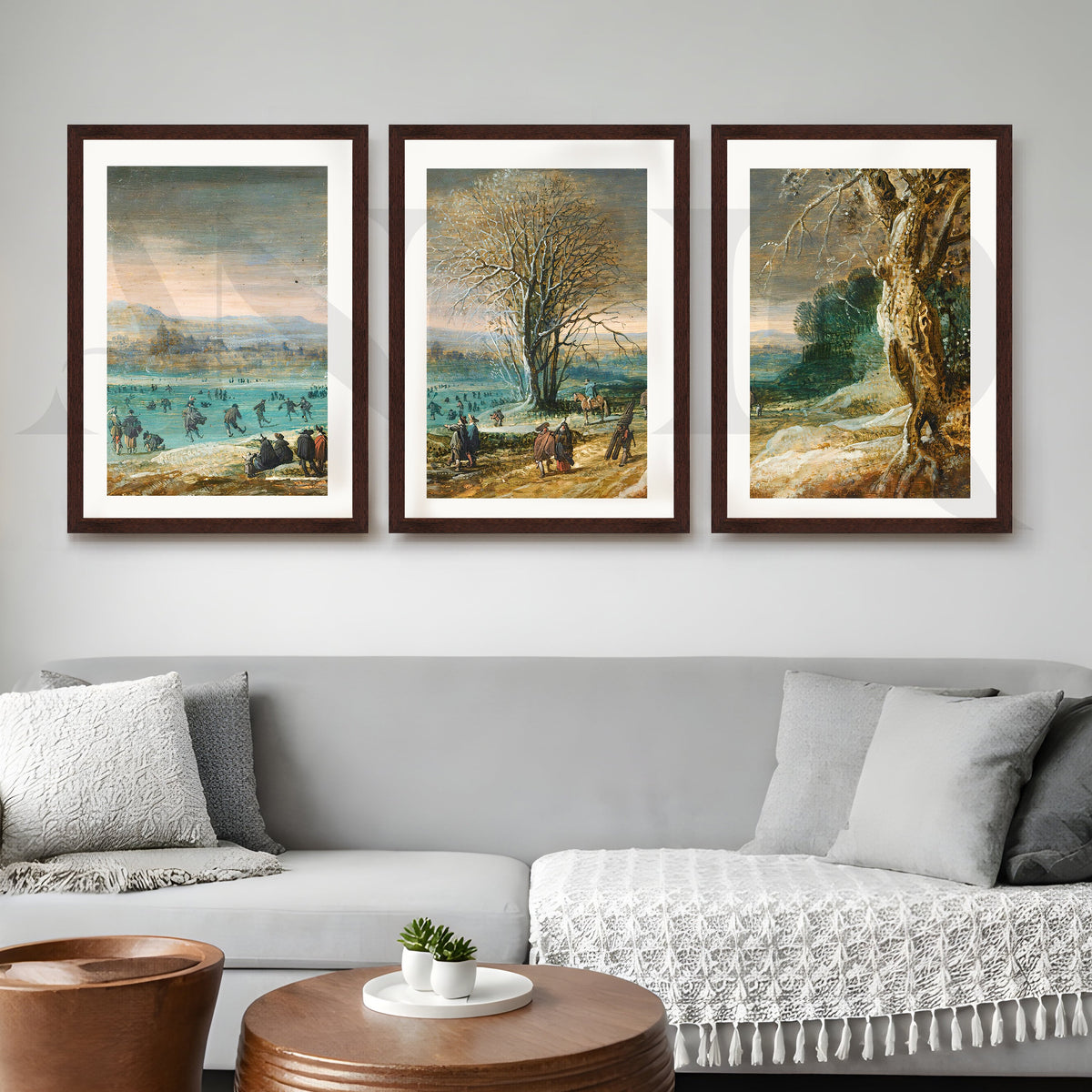 Winter Lakeside Life Gallery Wall – Set of 3 Classical European Landscape Artworks - 18 x 24 Inches – Asha Art Studio – Image…