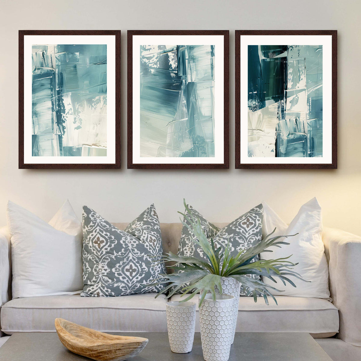 Teal Brush Abstract Gallery Wall Canvas Artwork Set of 3 - 18 x 24 Inches – Asha Art Studio – Image 10