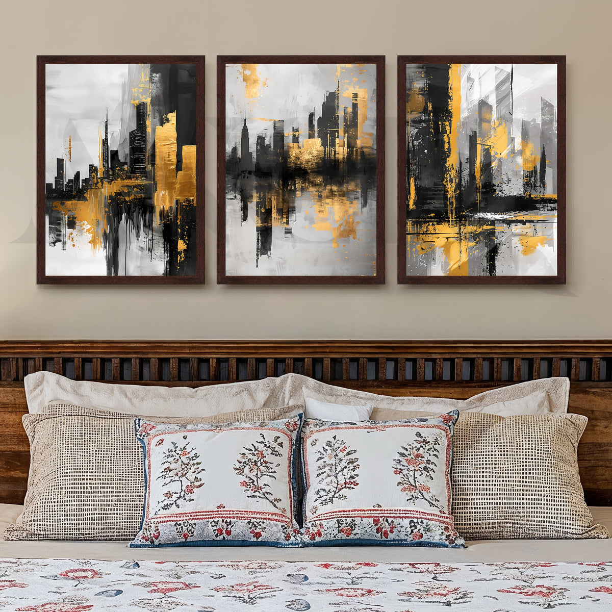 Golden Urban Skyline Gallery Wall – Set of 3 Modern Cityscape Artworks - 18 x 24 Inches – Asha Art Studio – Image 10