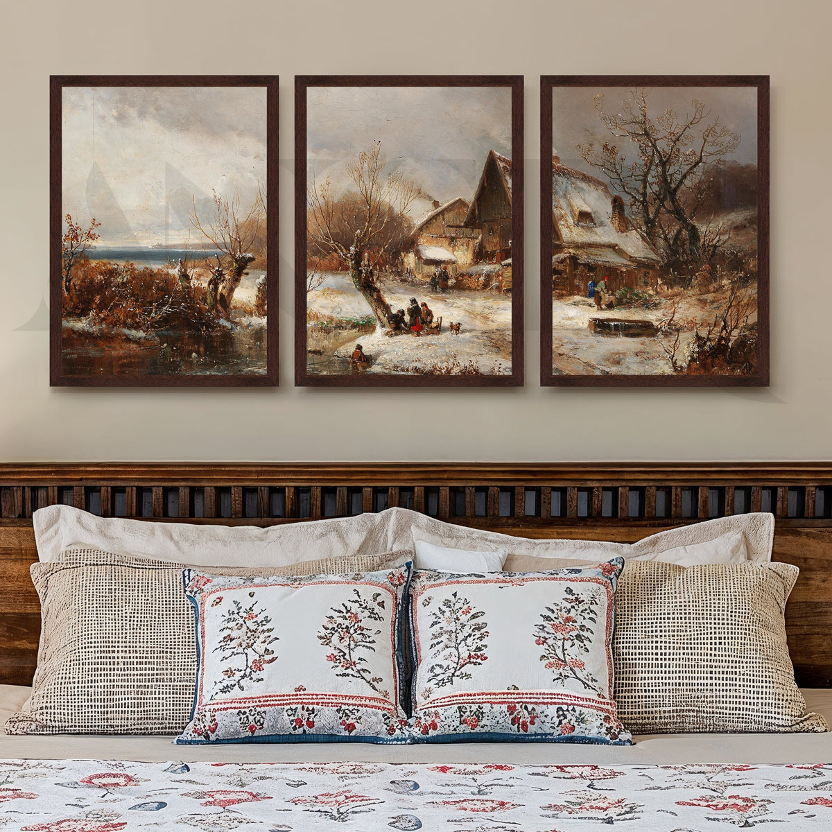 Winter Village Countryside Gallery Wall – Set of 3 Vintage Landscape Artworks - 18 x 24 Inches – Asha Art Studio – Image 10