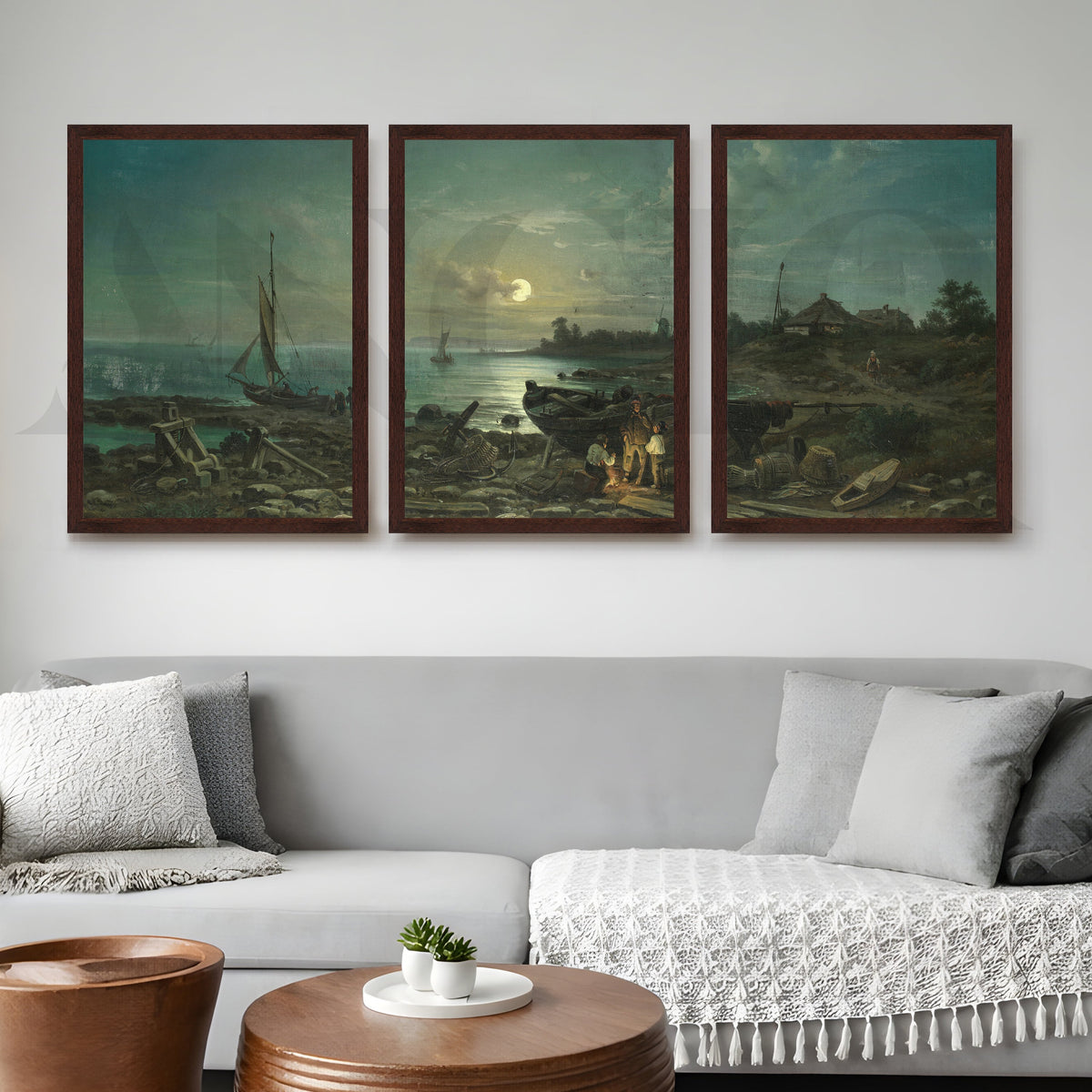 Moonlit Coastal Harbor Gallery Wall – Set of 3 Vintage Maritime Artworks - 18 x 24 Inches – Asha Art Studio – Image 10