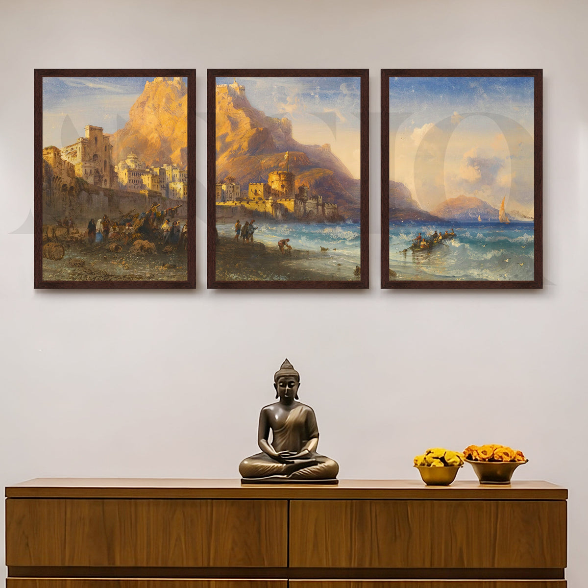 Coastal Mountain Harbour Gallery Wall – Set of 3 Mediterranean Landscape Artworks - 18 x 24 Inches – Asha Art Studio – Image…