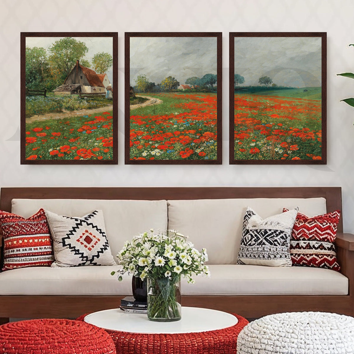 Rustic Poppy Field Landscape Gallery Wall – Set of 3 Impressionist Artworks - 18 x 24 Inches – Asha Art Studio – Image 10