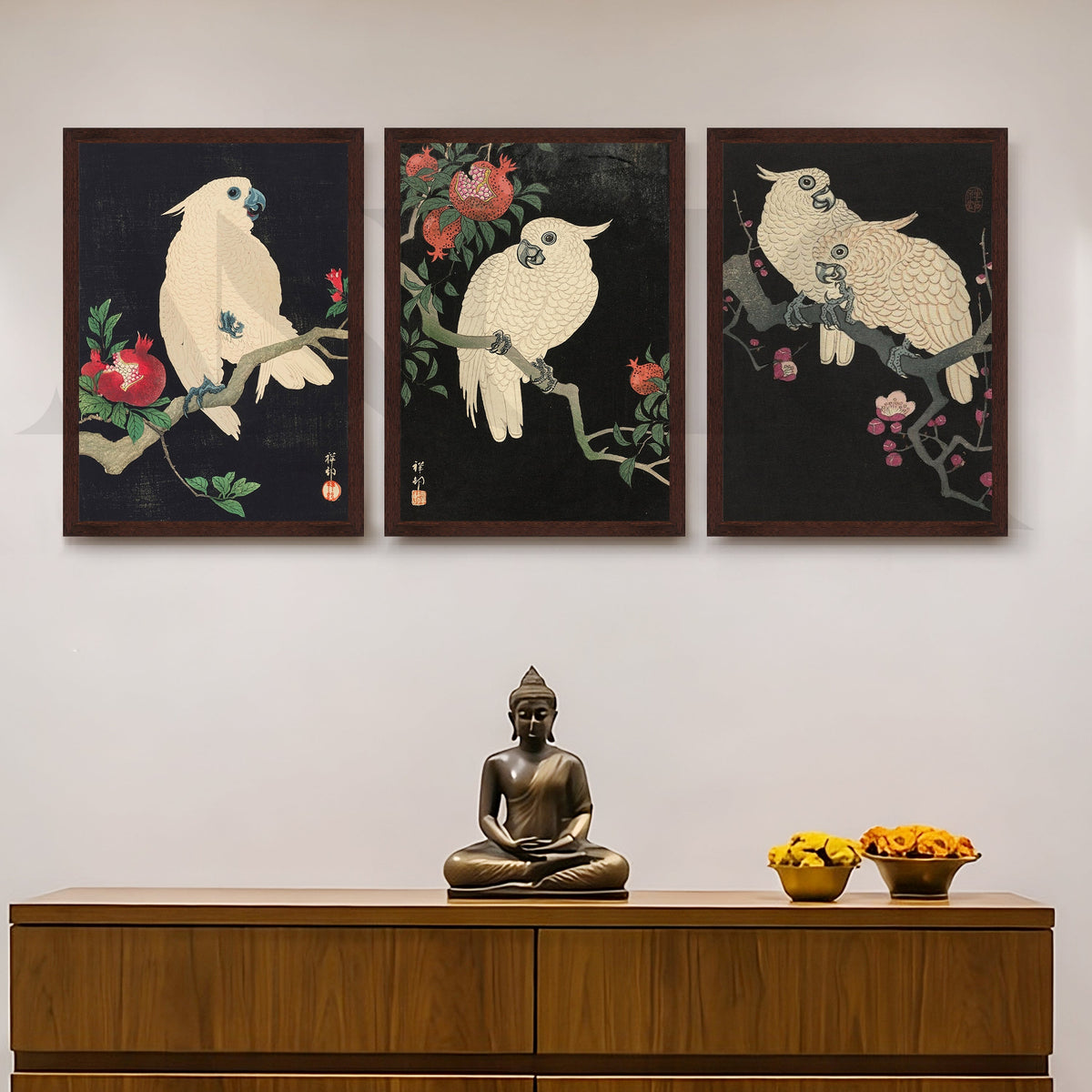 Elegant Cockatoo Botanical Gallery Wall – Set of 3 Oriental Artworks - 18 x 24 Inches – Asha Art Studio – Image 10