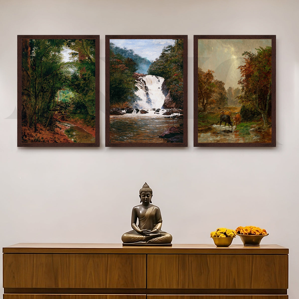 Serene Forest Waterfall Gallery Wall – Set of 3 Nature Landscape Artworks - 18 x 24 Inches – Asha Art Studio – Image 10