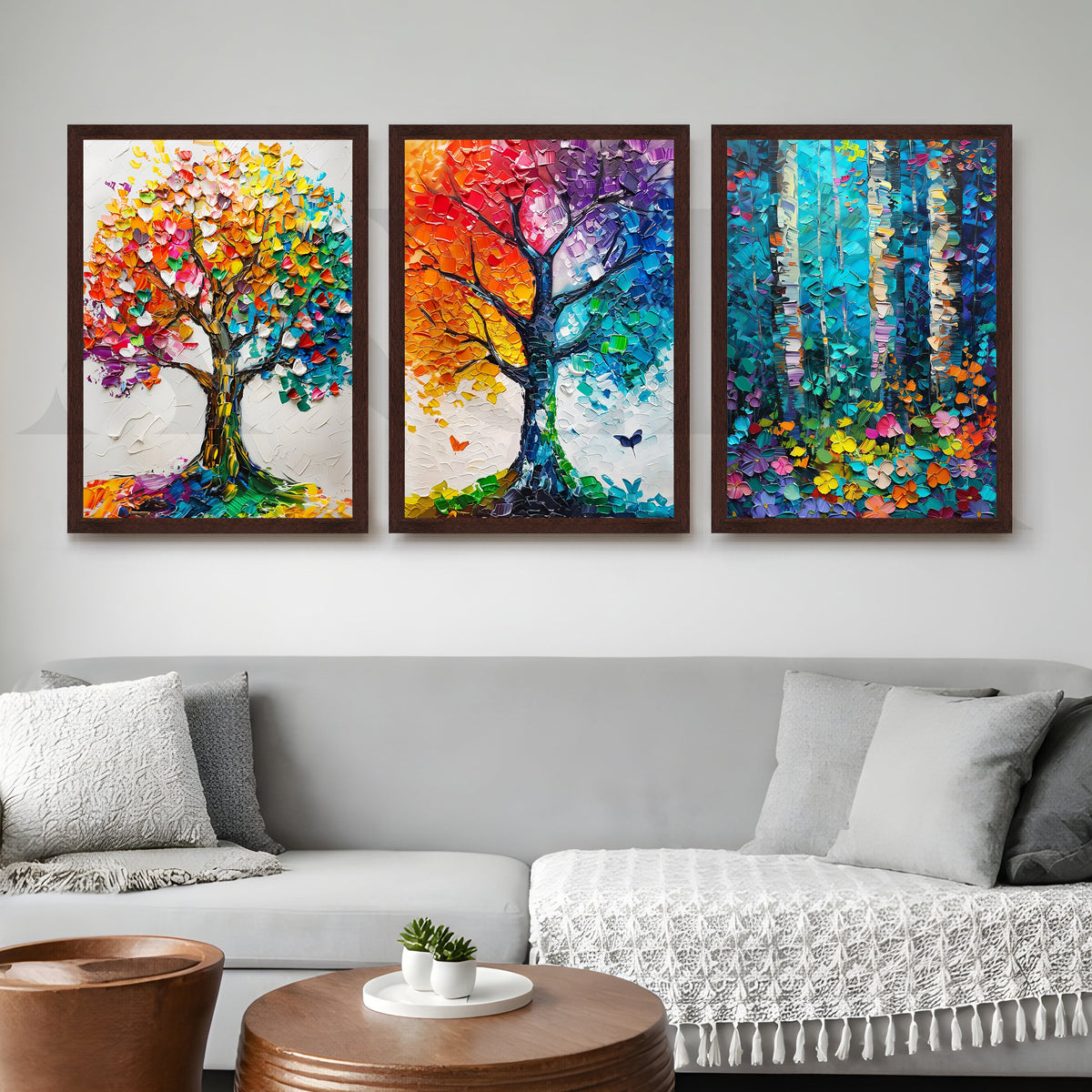 Vibrant Nature Mosaic Gallery Wall – Set of 3 Colorful Tree Artworks - 18 x 24 Inches – Asha Art Studio – Image 10