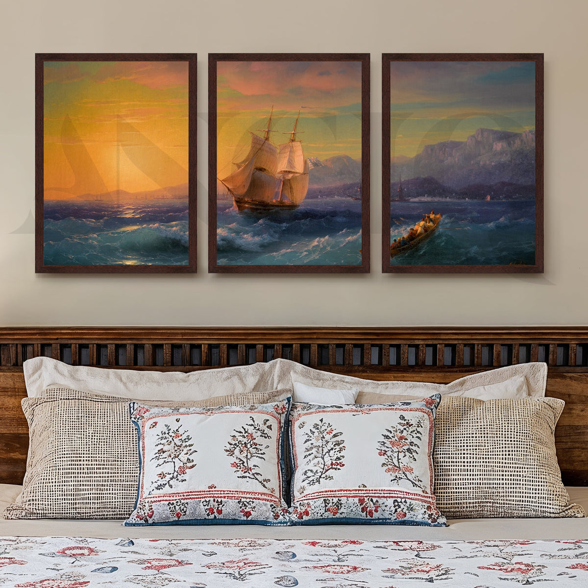 Golden Horizon Sailing Gallery Wall – Set of 3 Vintage Seascape Artworks - 18 x 24 Inches – Asha Art Studio – Image 10