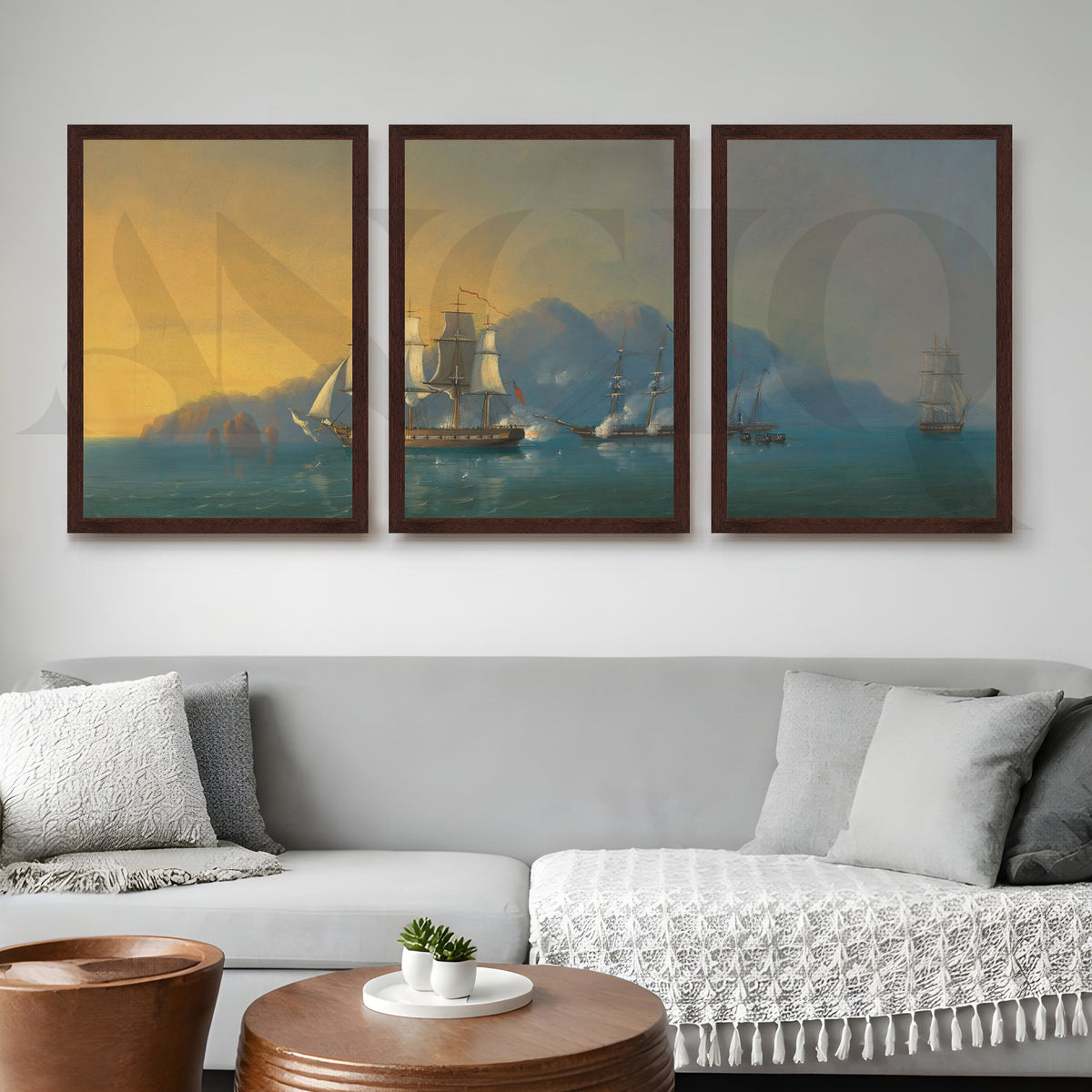 Golden Horizon Sailing Ships Gallery Wall – Set of 3 Classic Seascape Artworks - 18 x 24 Inches – Asha Art Studio – Image 10