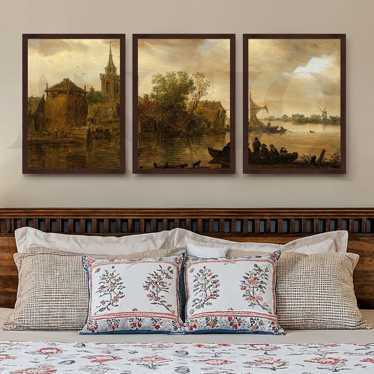 Vintage Riverside Village Gallery Wall – Set of 3 Classic Landscape Artworks - 18 x 24 Inches – Asha Art Studio – Image 10