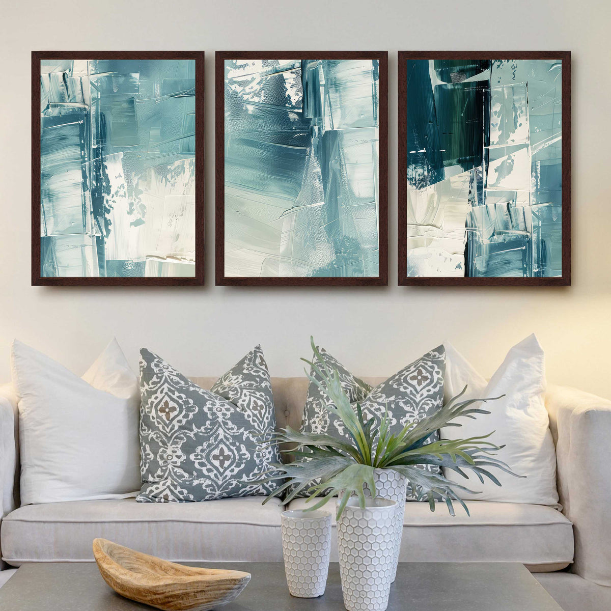 Teal Brush Abstract Gallery Wall Canvas Artwork Set of 3 - 18 x 24 Inches – Asha Art Studio – Image 6