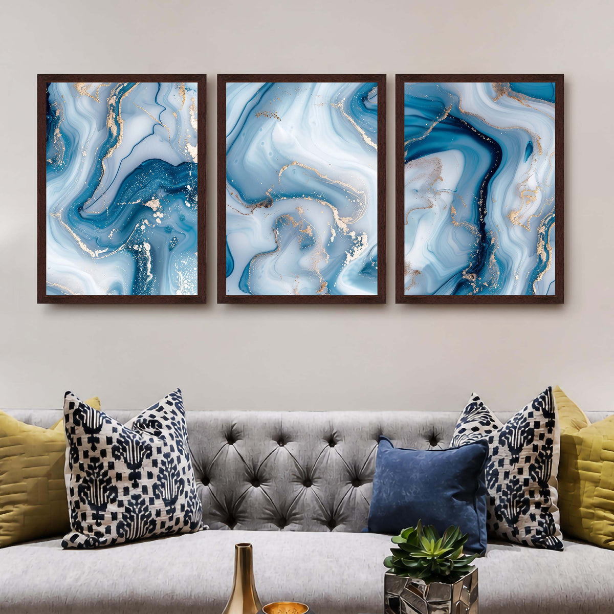 Blue Marble Abstract Gallery Wall Canvas Artwork Set of 3 - 18 x 24 Inches – Asha Art Studio – Image 6