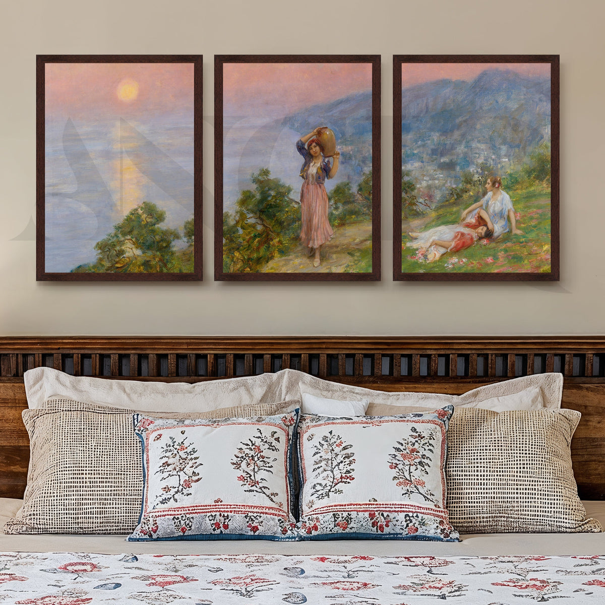 Pastoral Sunset Figures Gallery Wall – Set of 3 Impressionist Landscape Artworks - 18 x 24 Inches – Asha Art Studio – Image…