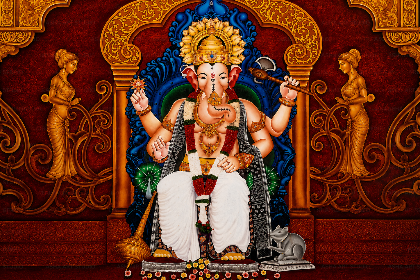 Handmade Lord Ganesha Wall Painting - Traditional Red & Gold Devotional Artwork