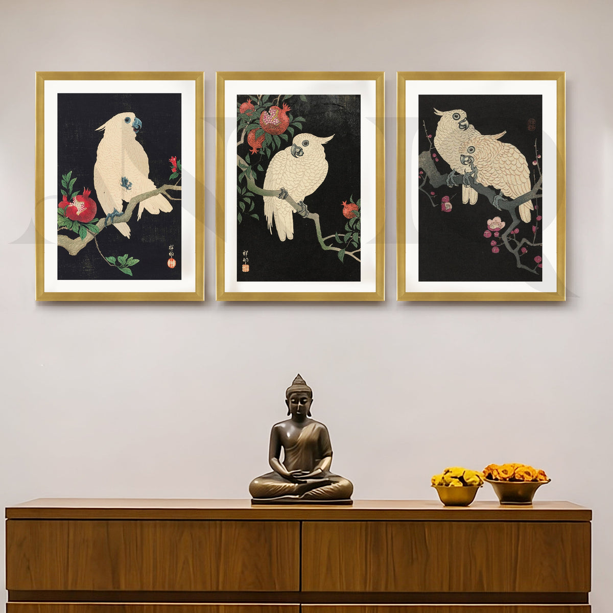 Elegant Cockatoo Botanical Gallery Wall – Set of 3 Oriental Artworks - 18 x 24 Inches – Asha Art Studio – Image 5