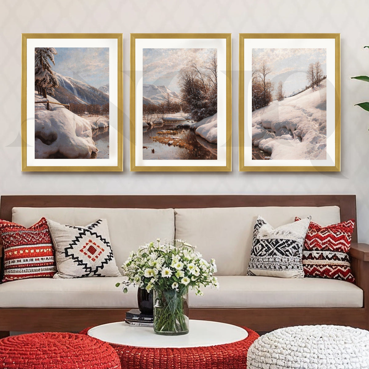 Snowy Alpine River Landscape Gallery Wall – Set of 3 Winter Nature Artworks - 18 x 24 Inches – Asha Art Studio – Image 4