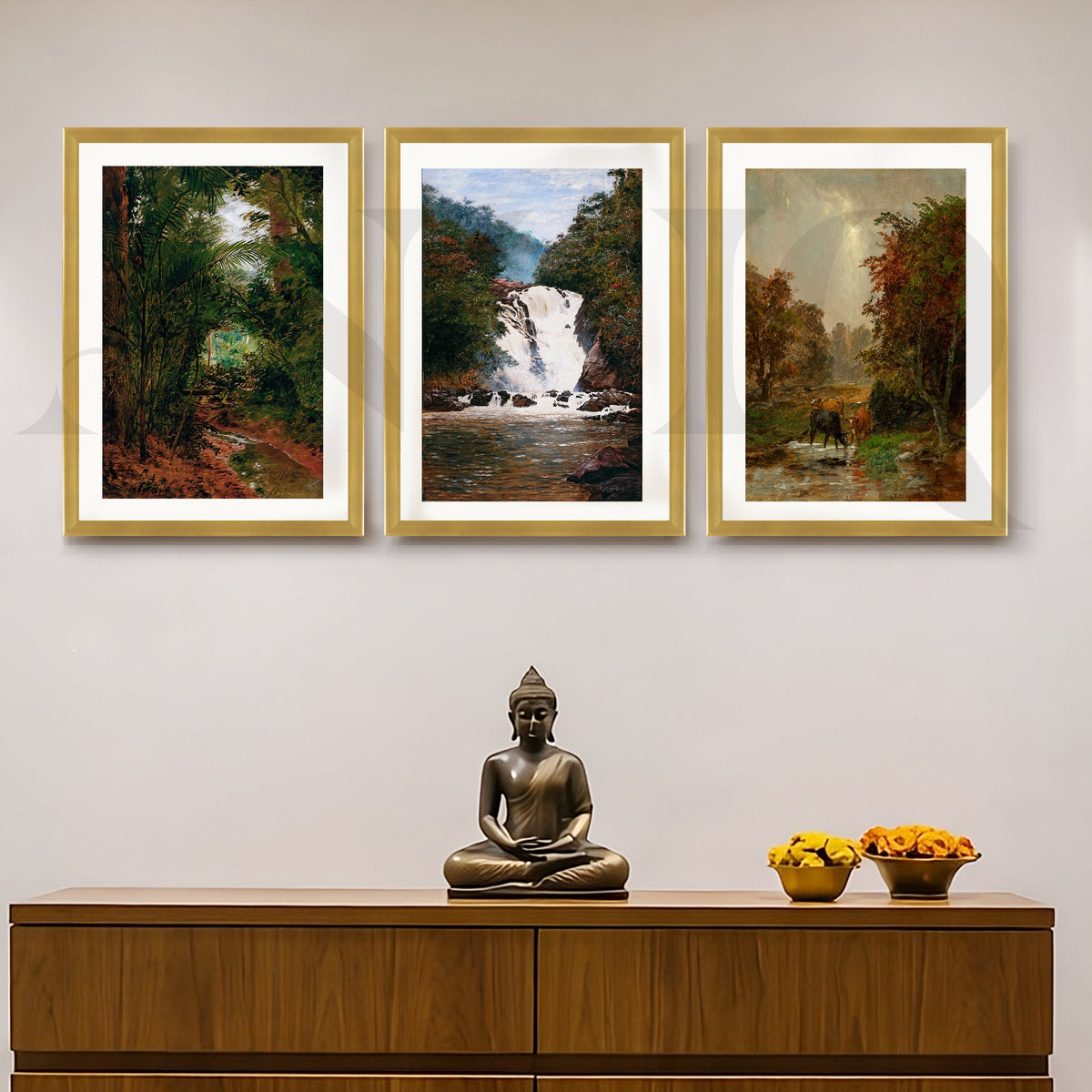 Serene Forest Waterfall Gallery Wall – Set of 3 Nature Landscape Artworks - 18 x 24 Inches – Asha Art Studio – Image 4