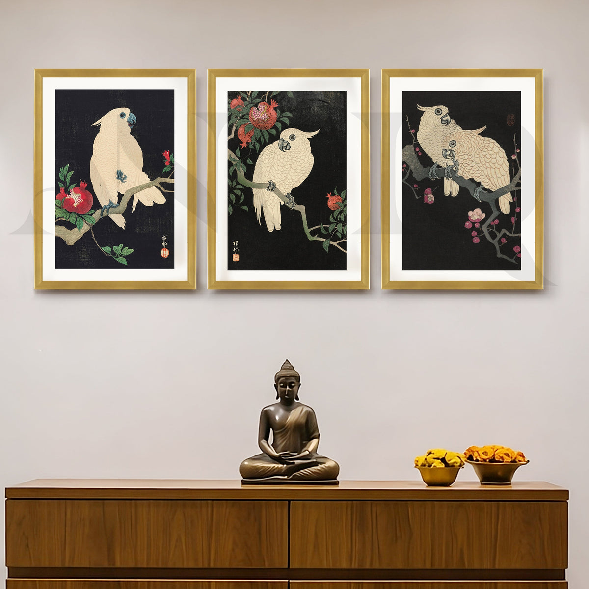 Elegant Cockatoo Botanical Gallery Wall – Set of 3 Oriental Artworks - 18 x 24 Inches – Asha Art Studio – Image 4