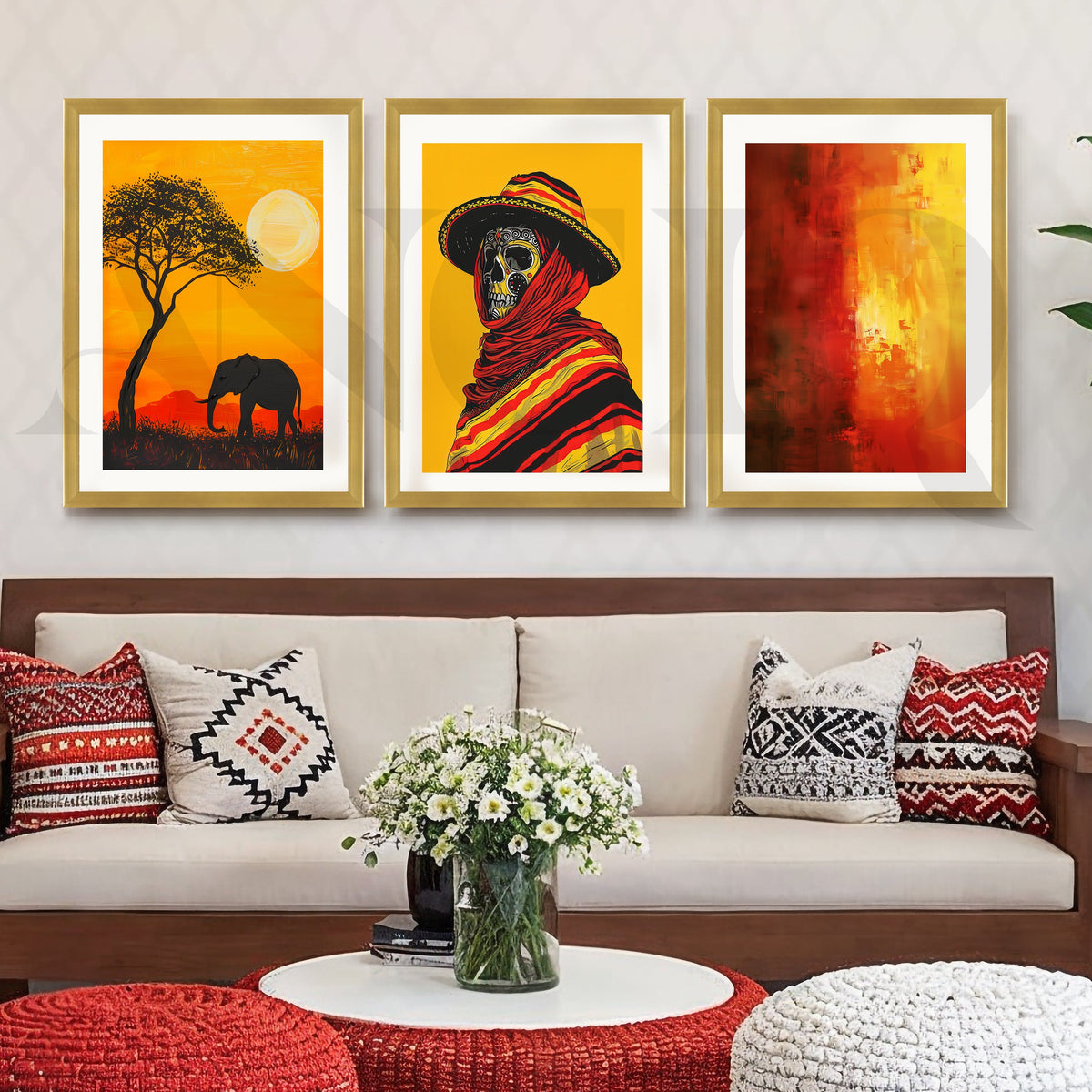 Golden Horizon Tribal Fusion Gallery Wall – Set of 3 Contemporary Artworks - 18 x 24 Inches – Asha Art Studio – Image 4