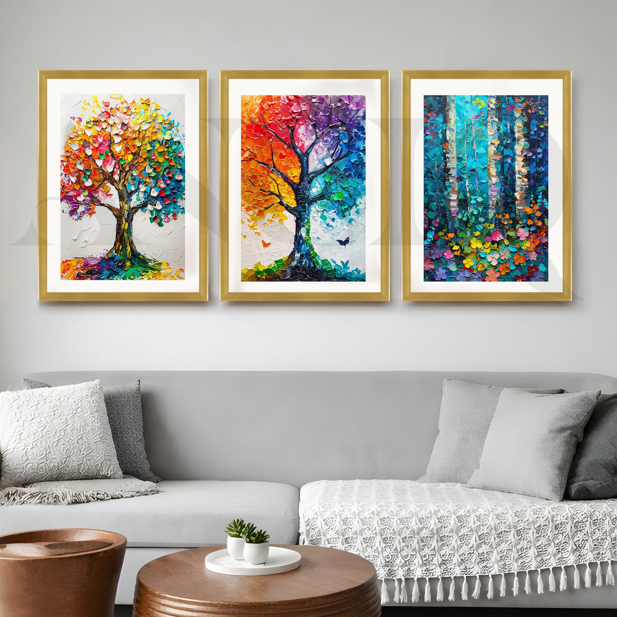 Vibrant Nature Mosaic Gallery Wall – Set of 3 Colorful Tree Artworks - 18 x 24 Inches – Asha Art Studio – Image 4