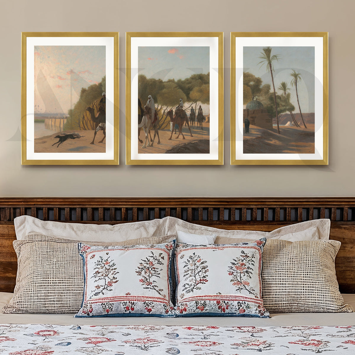 Desert Caravan Landscape Gallery Wall – Set of 3 Vintage Oriental Artworks - 18 x 24 Inches – Asha Art Studio – Image 4