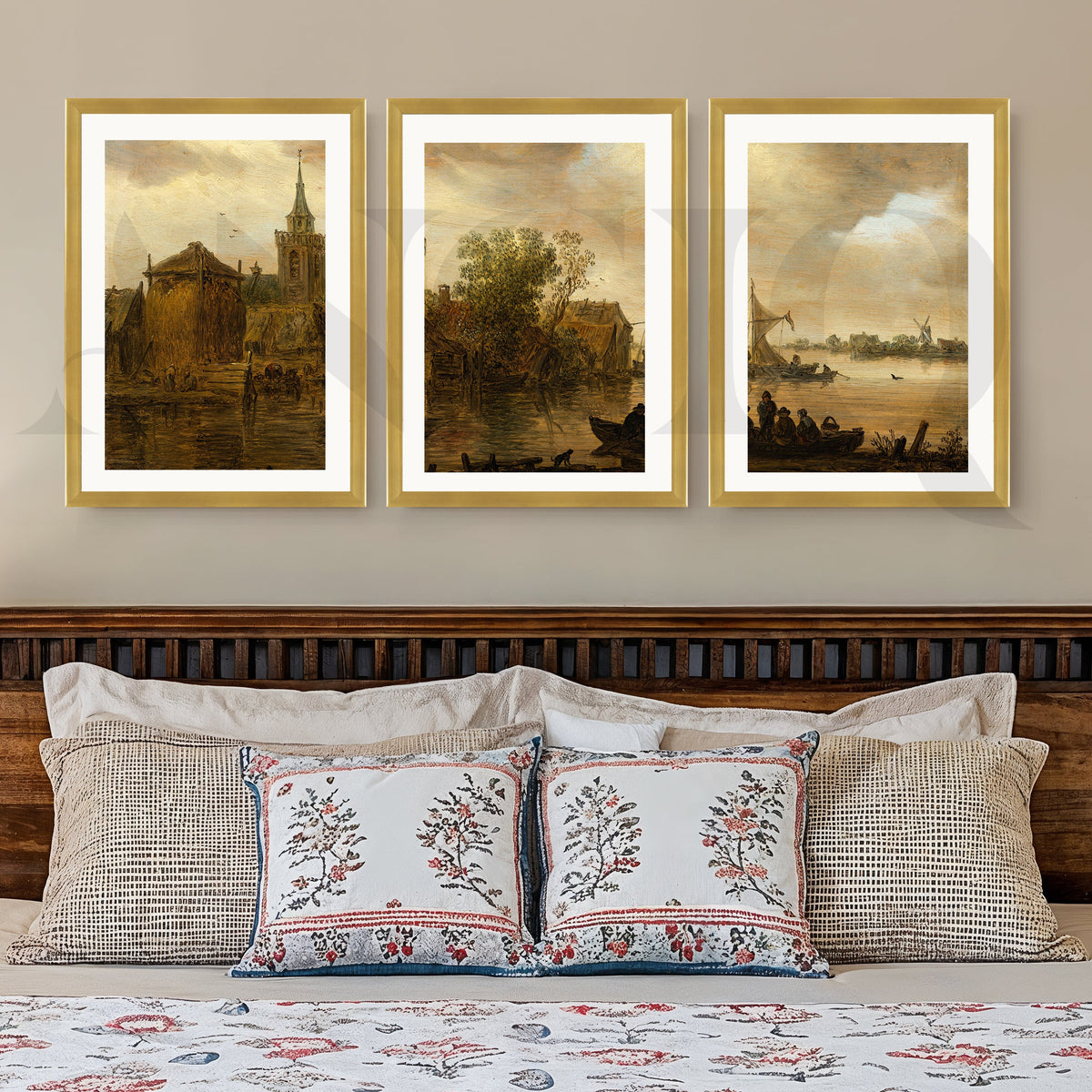 Vintage Riverside Village Gallery Wall – Set of 3 Classic Landscape Artworks - 18 x 24 Inches – Asha Art Studio – Image 4