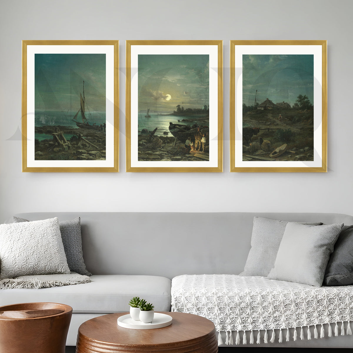 Moonlit Coastal Harbor Gallery Wall – Set of 3 Vintage Maritime Artworks - 18 x 24 Inches – Asha Art Studio – Image 4